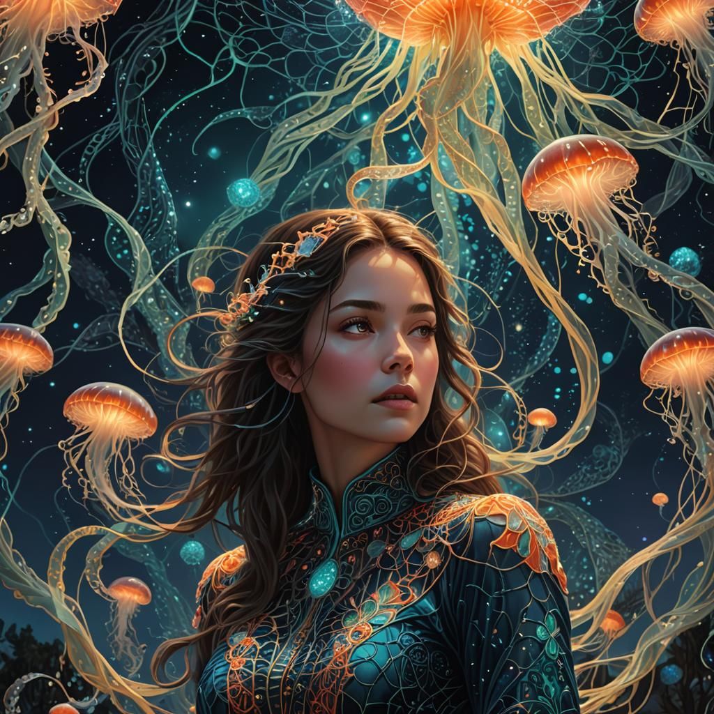 Bioluminescent Jellyfish in Surreal Digital Painting
