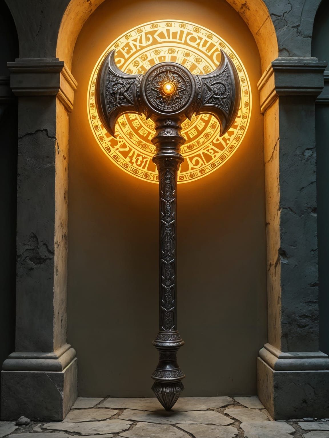 Ancient Warhammer with Glowing Runes, Photorealistic Scene