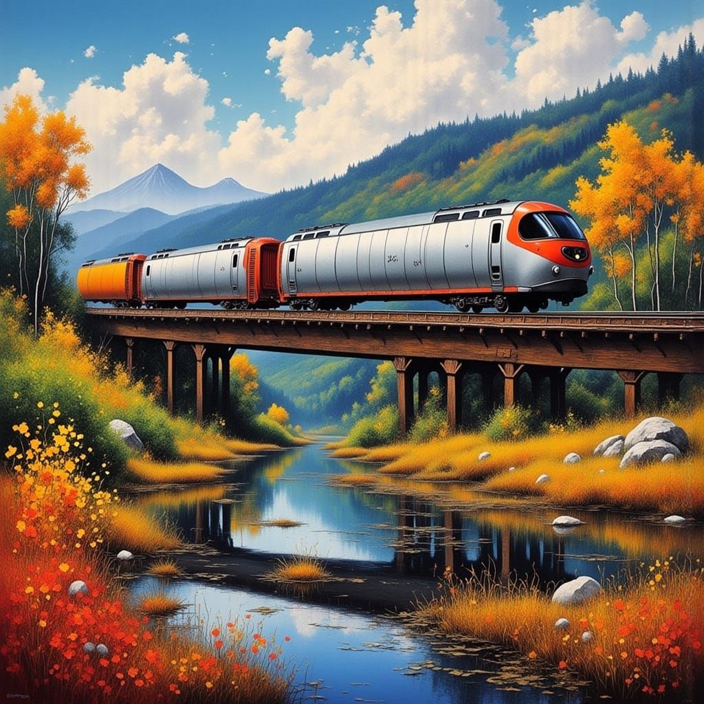 Expressive Oil Painting of Train Crossing River in Vibrant H...