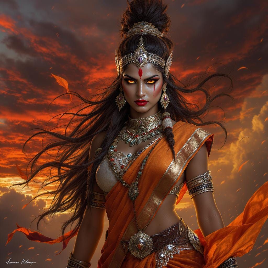 Fierce Indian Warrior Woman in Dramatic Sunset