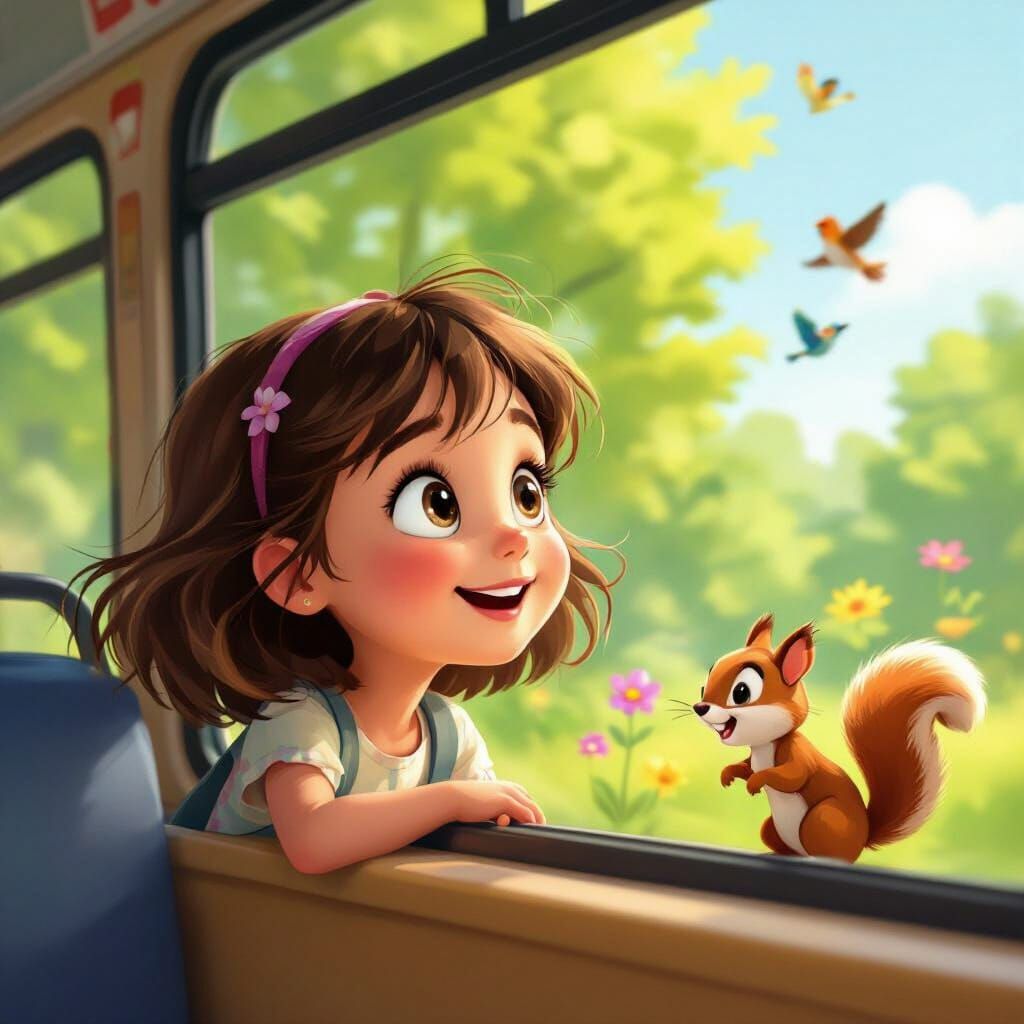 Joyful Girl Watches Nature from Bus Window in Cartoon Style