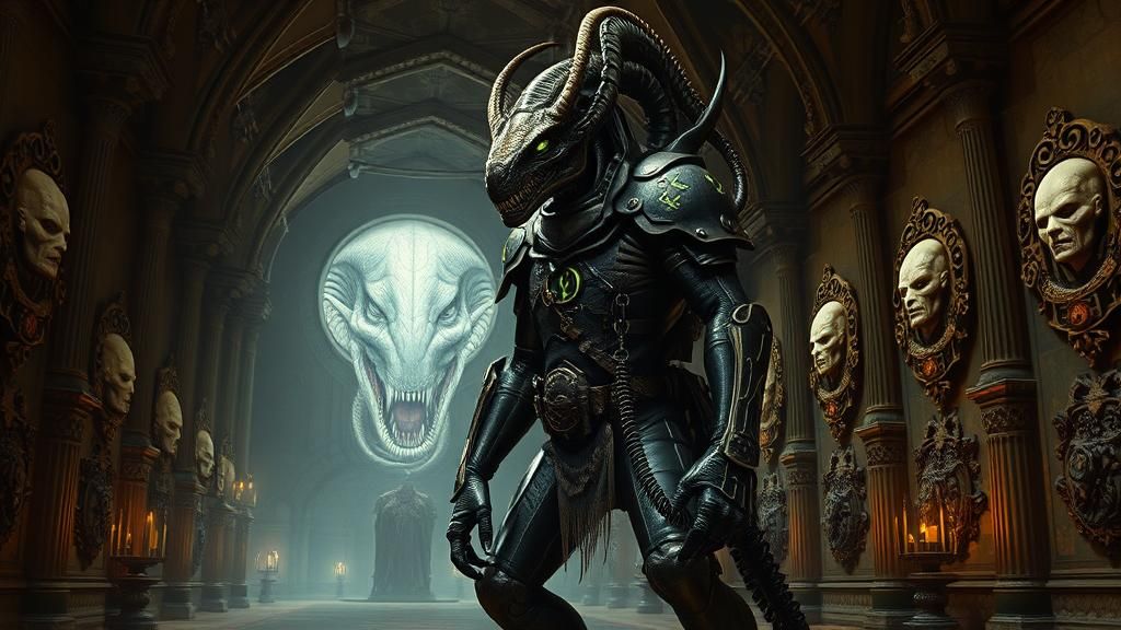 Alien Velociraptor Hunter in a Biomechanical Hall