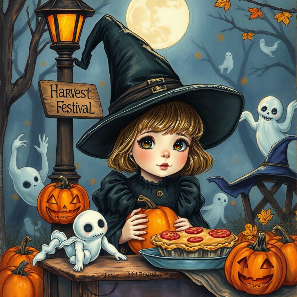 Cute Witch Girl at 1950s Harvest Festival