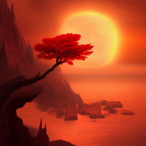 Glowing Red Tree and Blood Moon Sunset