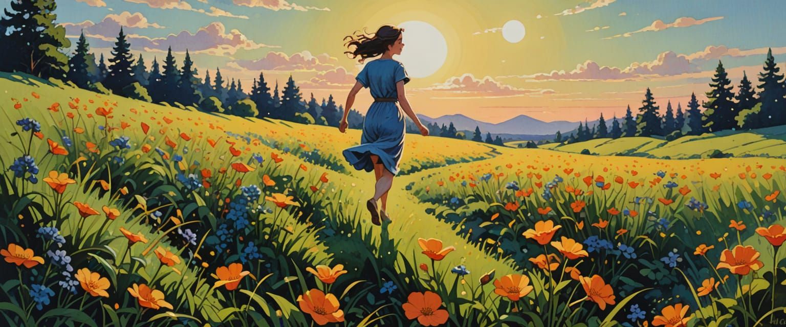 Girl Chasing Butterflies in a Sunny Flower Field
