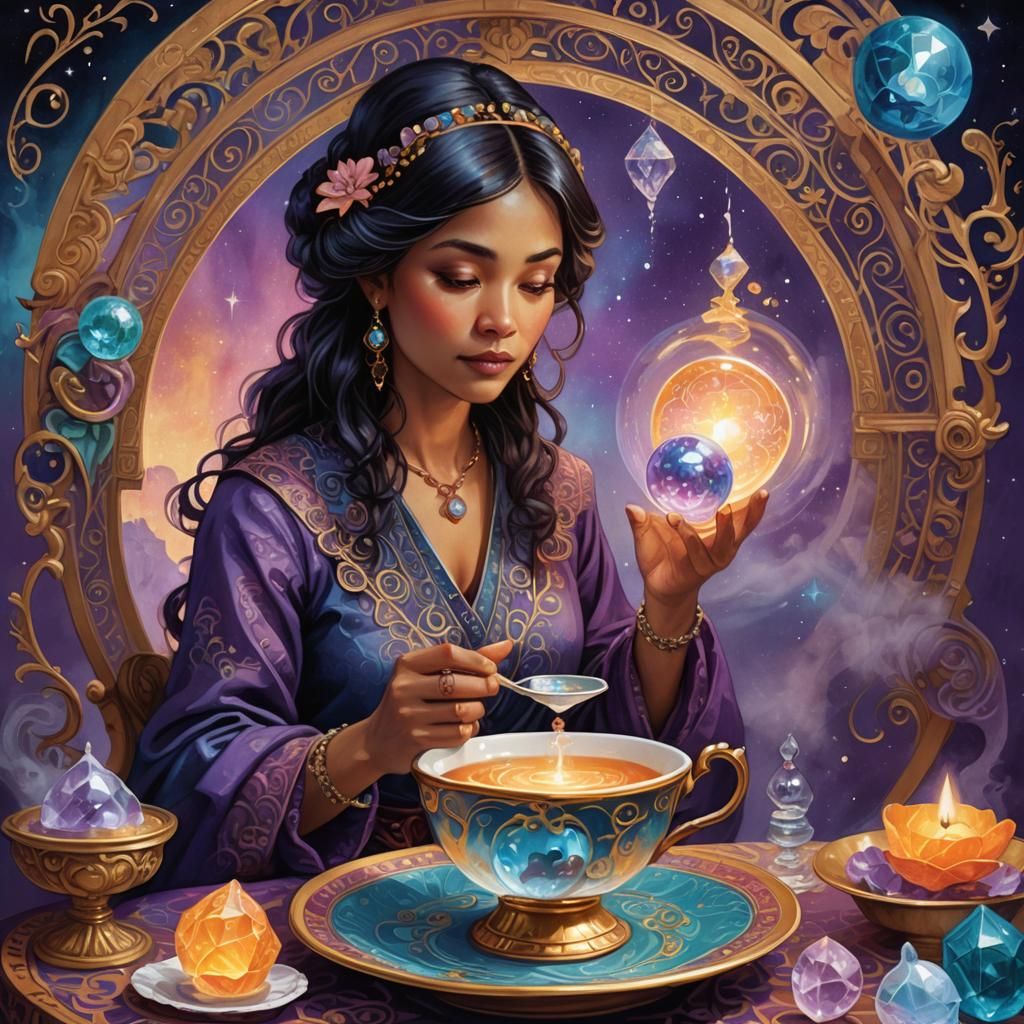 Whimsical Fantasy Fortune Teller in Teacup, Detailed Art