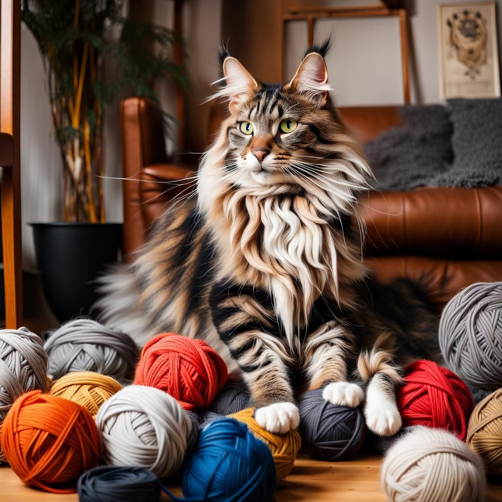 Maine Coon Cat Tangled in Yarn, Ukiyo-e Style