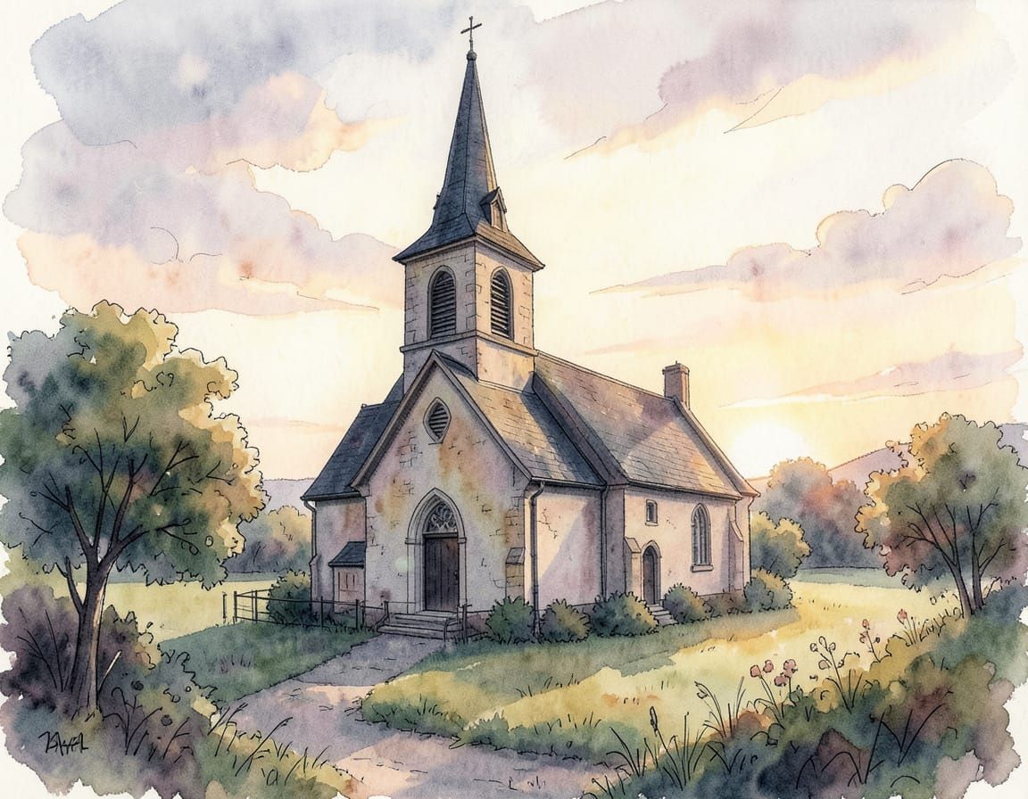 Tranquil Country Church at Sunset in Watercolor Style