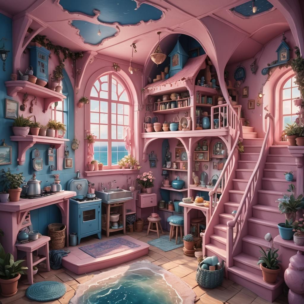 Whimsical Elf House Interior in Art Nouveau Style
