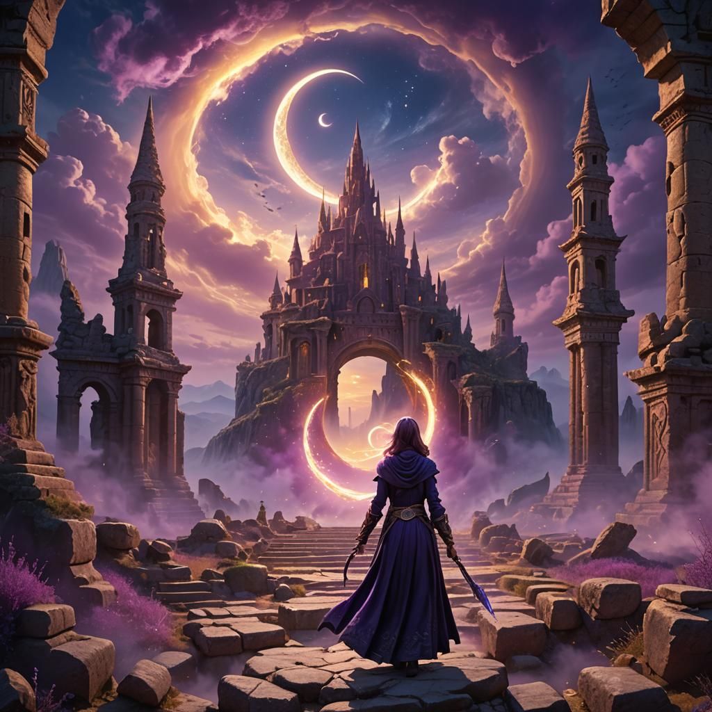 Magical Sorceress Conjuring Portal in Ancient Ruins