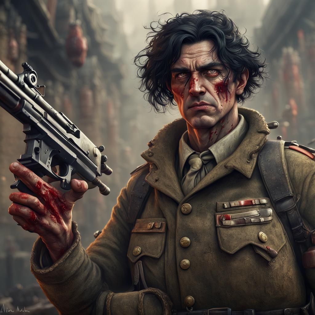 Wartime General with Machine Gun, Detailed Digital Painting