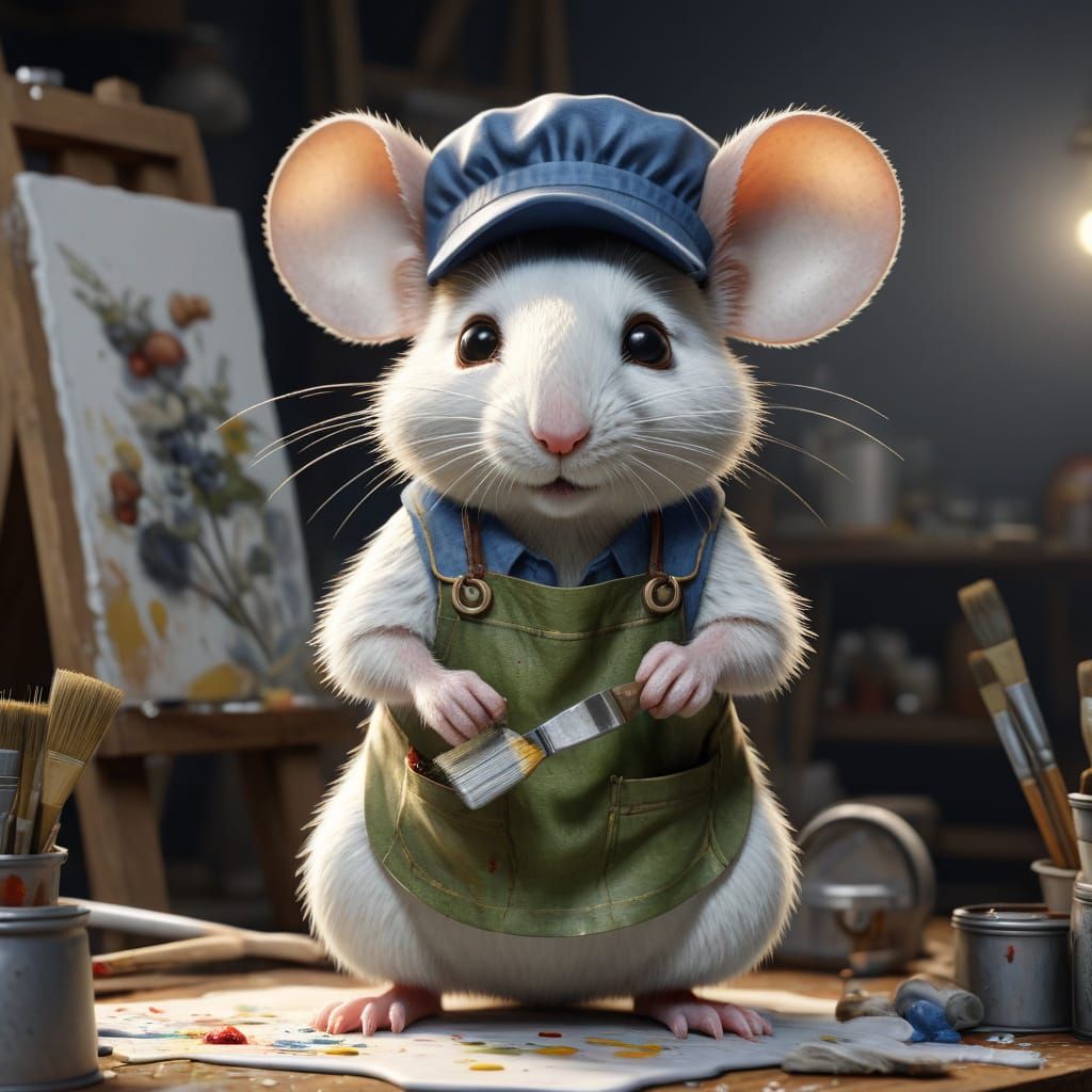 Cute Mouse Artist Painting Canvas in Hyperdetailed Concept A...