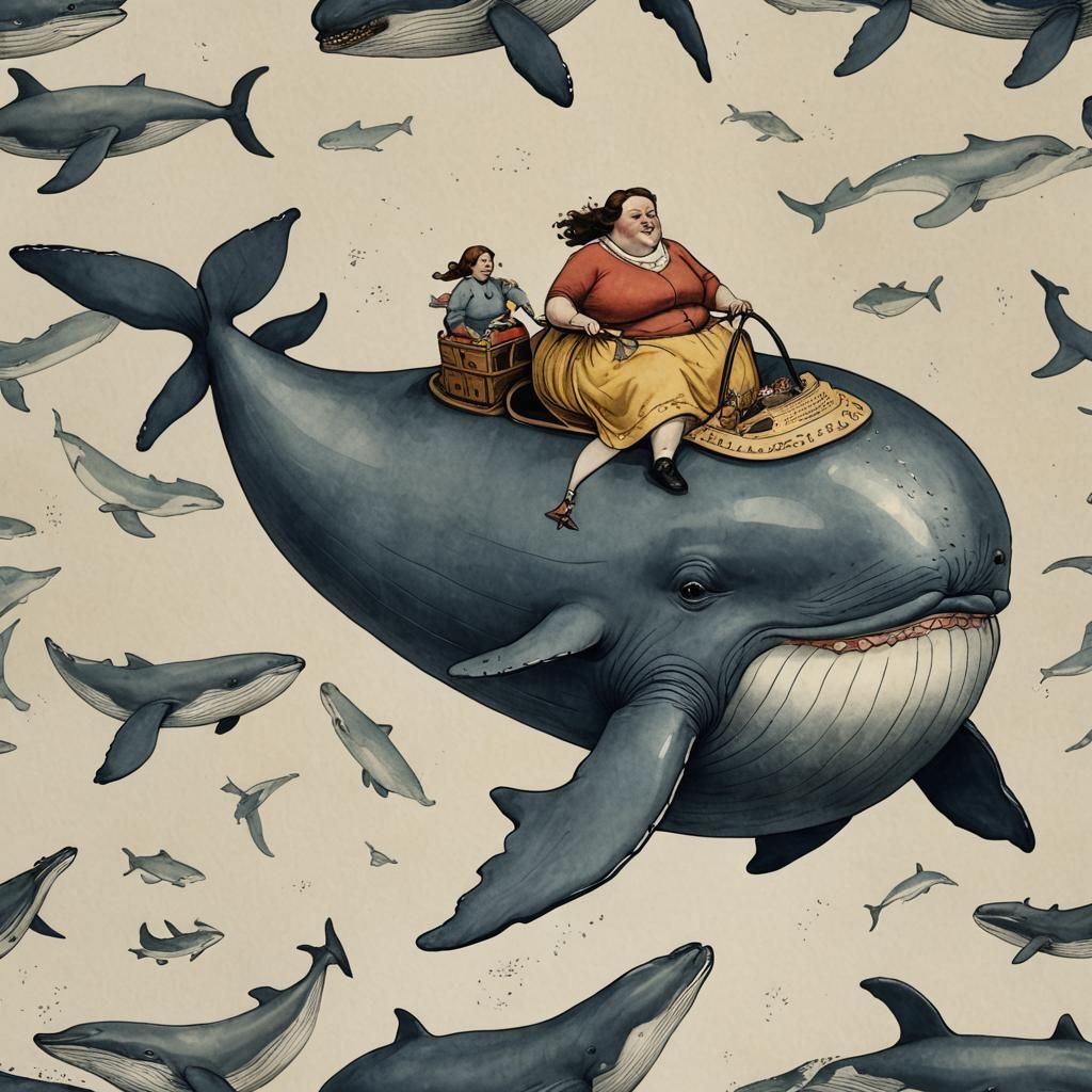 Whimsical Scene of Woman Riding a Whale