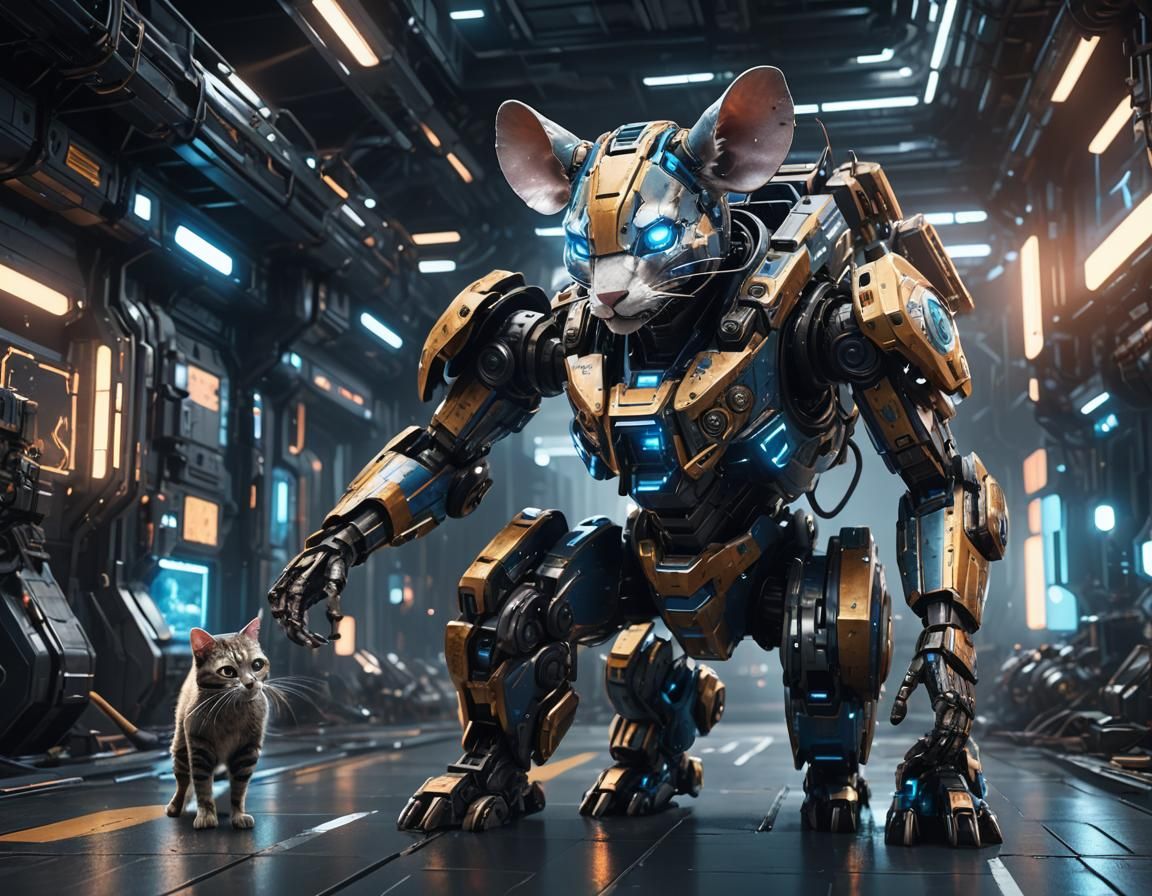 Mouse in Mech Suit Faces Cat in Futuristic City