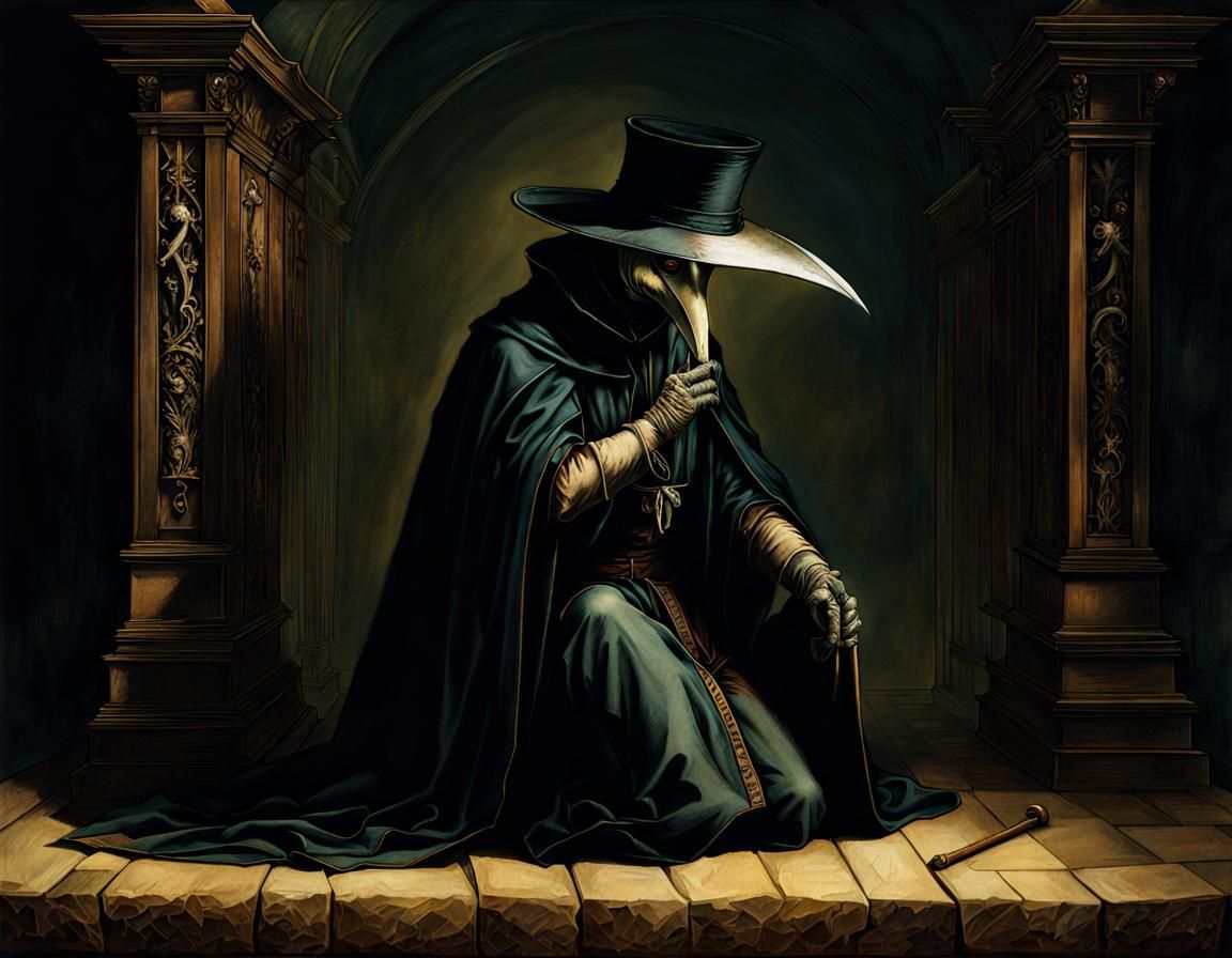 Plague Doctor Kneeling: Medieval Etching in Albrecht Dürer S...