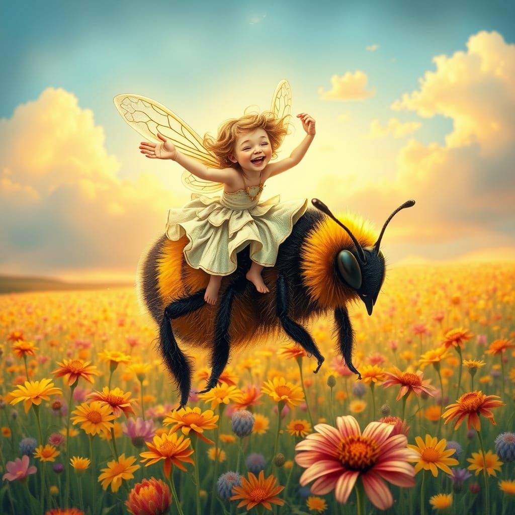 Pixie Riding a Bumblebee in Wildflower Field