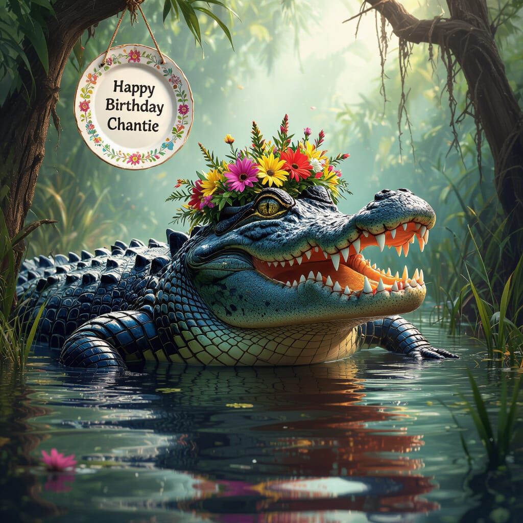 Majestic Alligator with Wildflower Crown in Jungle