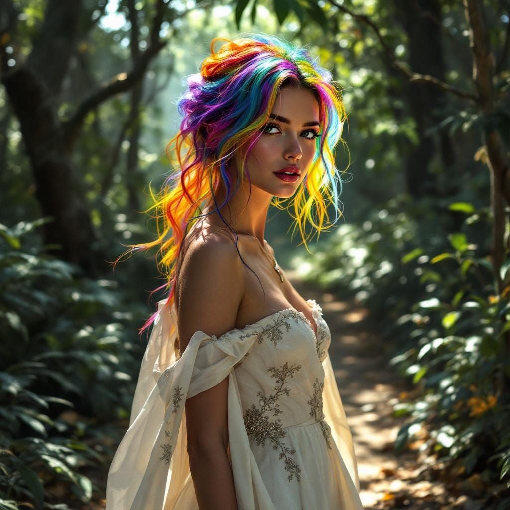 Rainbow-Haired Woman in Lush Woods: Hyperrealistic Concept A...