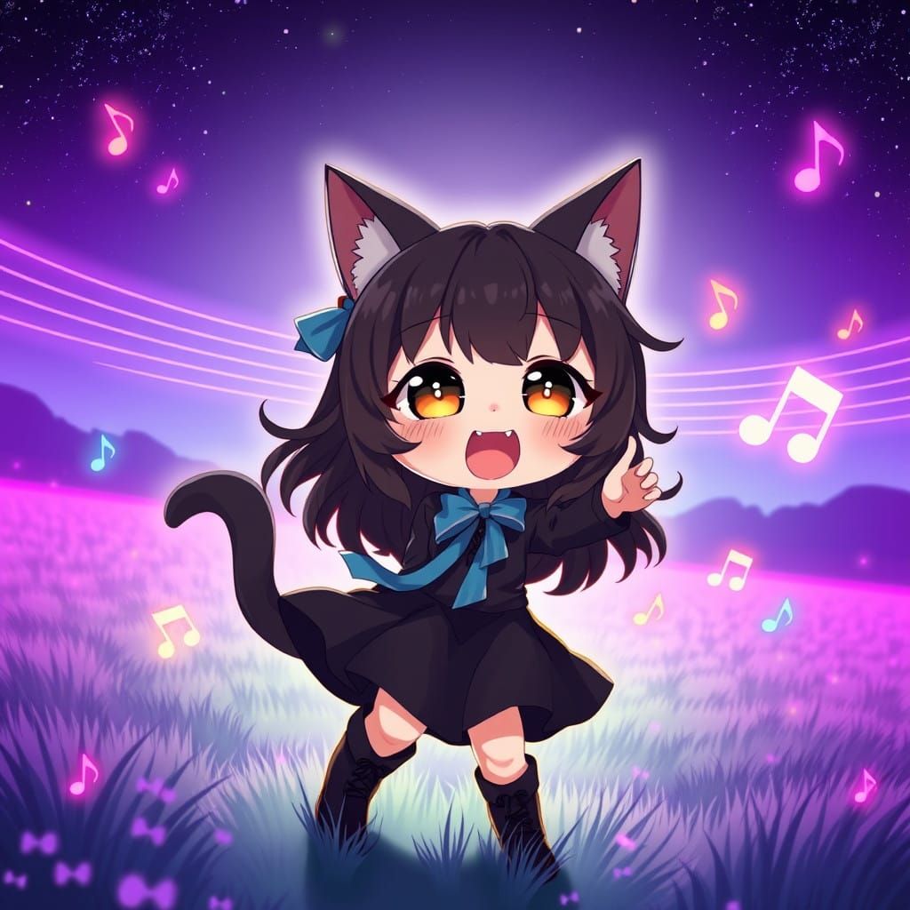 Synthwave Anime Catgirl Serenades Under Starry Skies