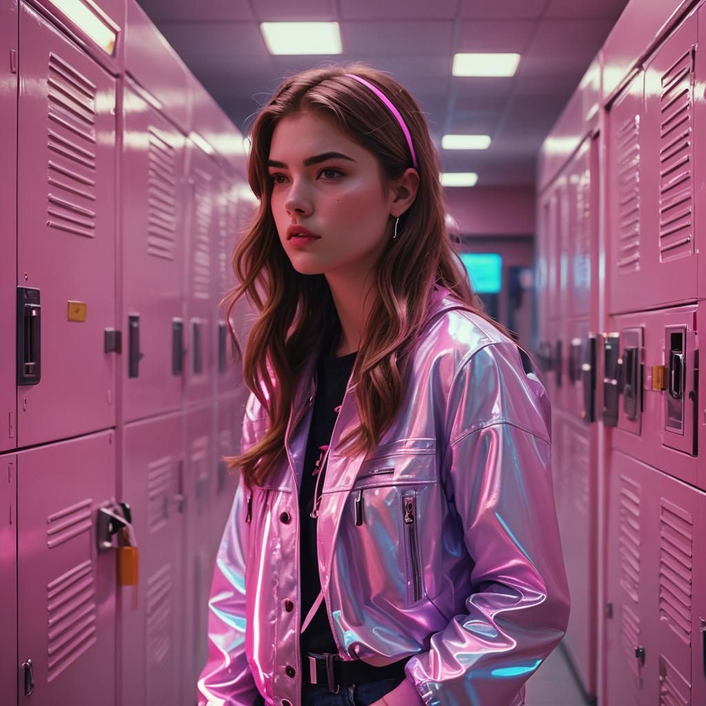Teen in Synthwave Retro High School Hallway