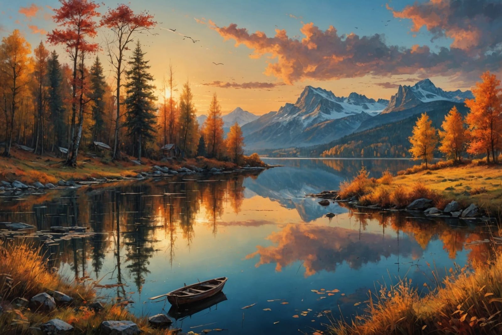 Autumn Sunset Lake: Oil Painting in Vivid Colors