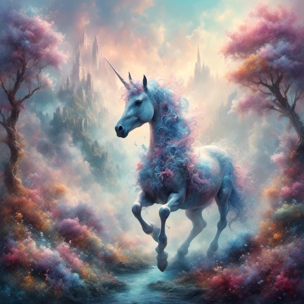 Sparkly Unicorn in Ethereal Fantasy Landscape