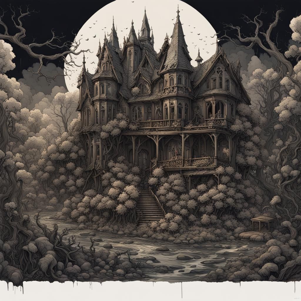 Gothic Revival Illustration: Nature's Wrath in Pen and Ink