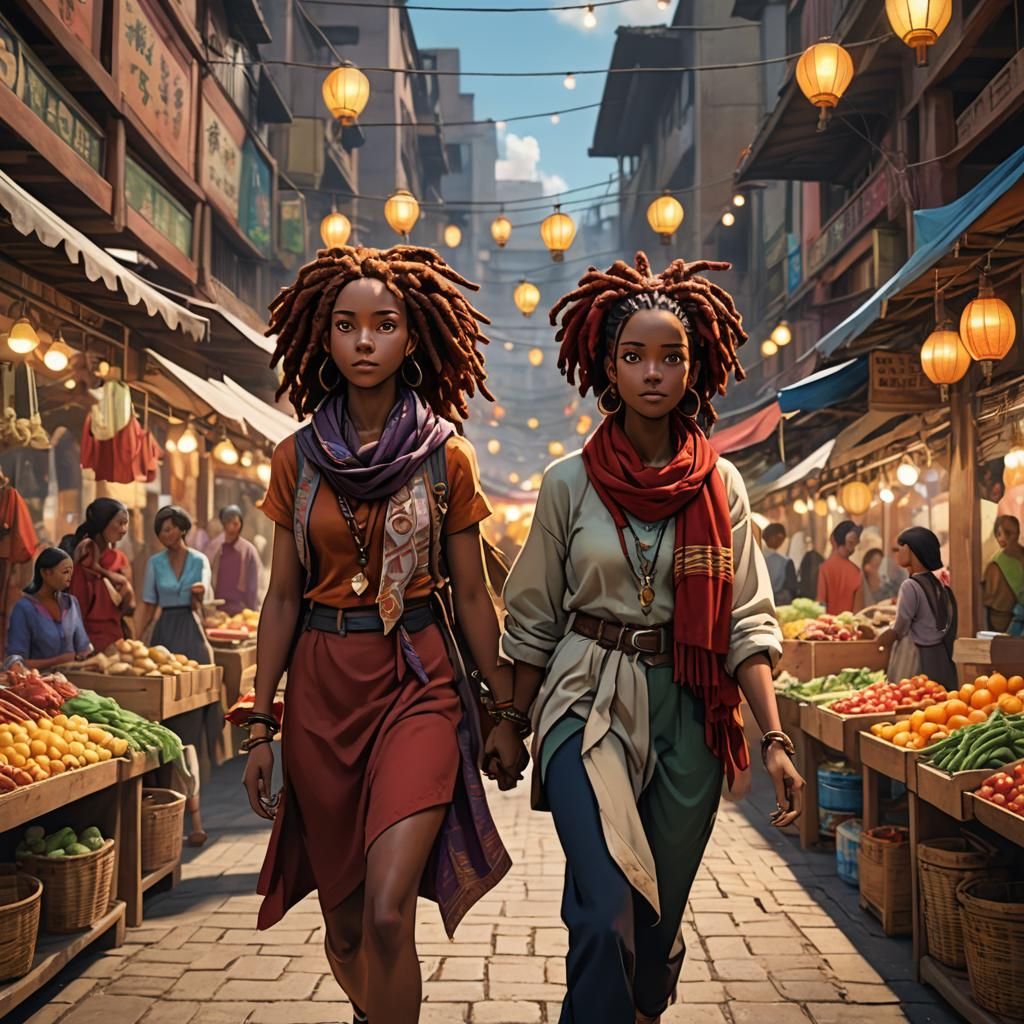 Anime Women at Market in 3D Art