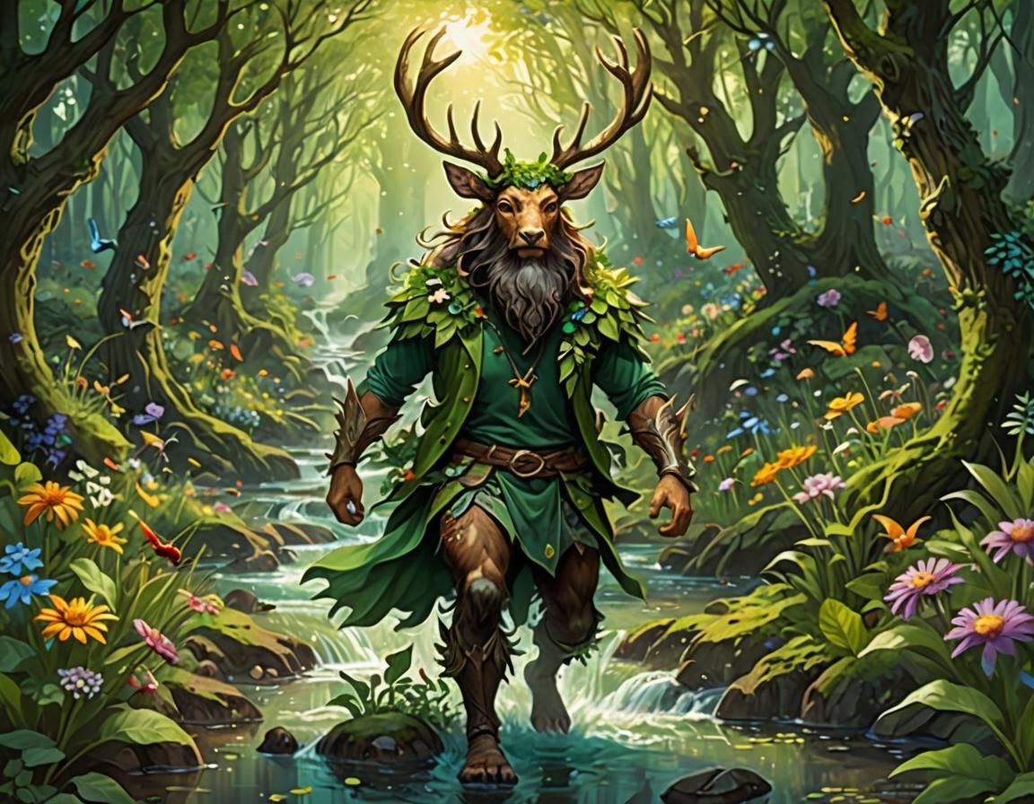 Green Man Running in Lush Forest, Digital Art