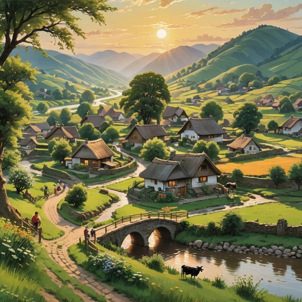 Sunset Over Serene Village: Detailed Matte Painting