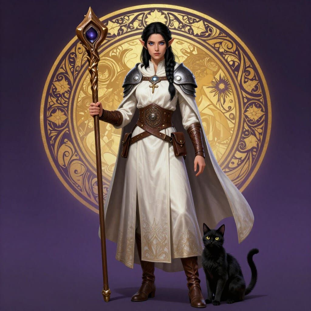 Half-Elf Cleric-Druid with Black Hair and Blue Eyes