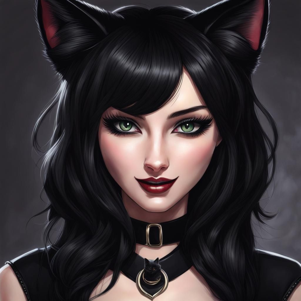 Goth Woman with Cat Features and Fangs
