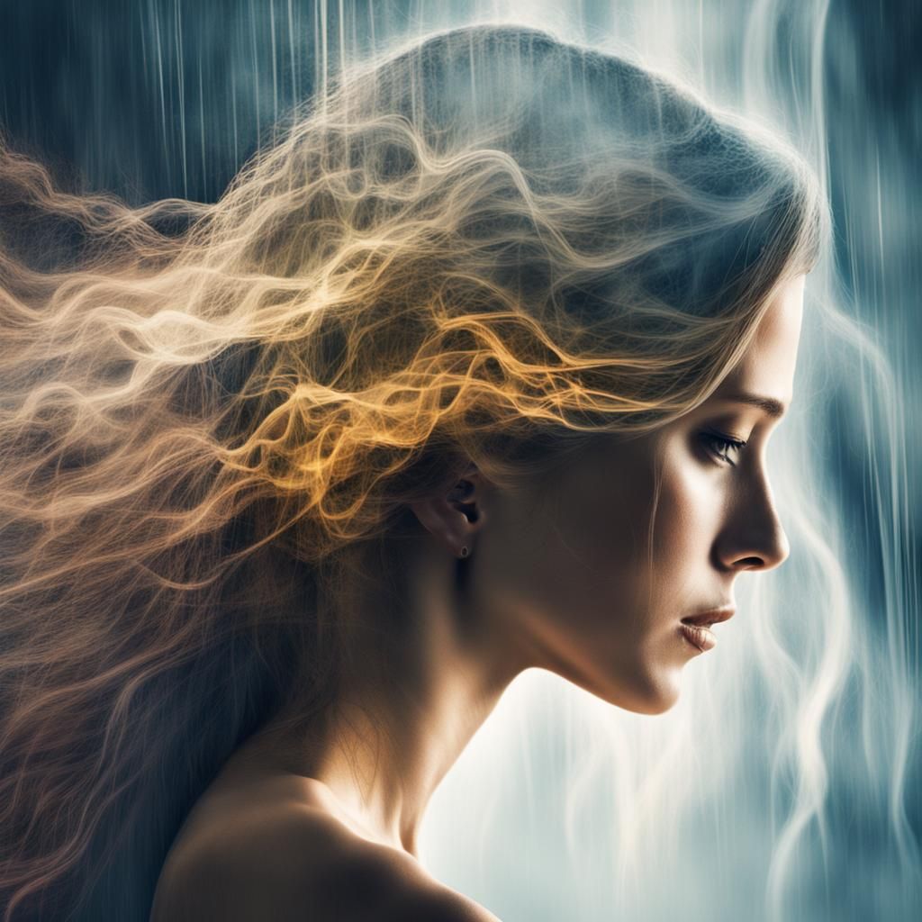 Double exposure: waterfall and fire of her life