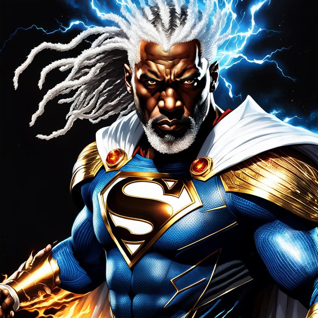 Hyperrealistic Black Superman with Electric Plasma Eyes