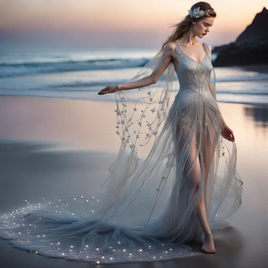 Ethereal Fairy on Midnight Beach in Silver Gown