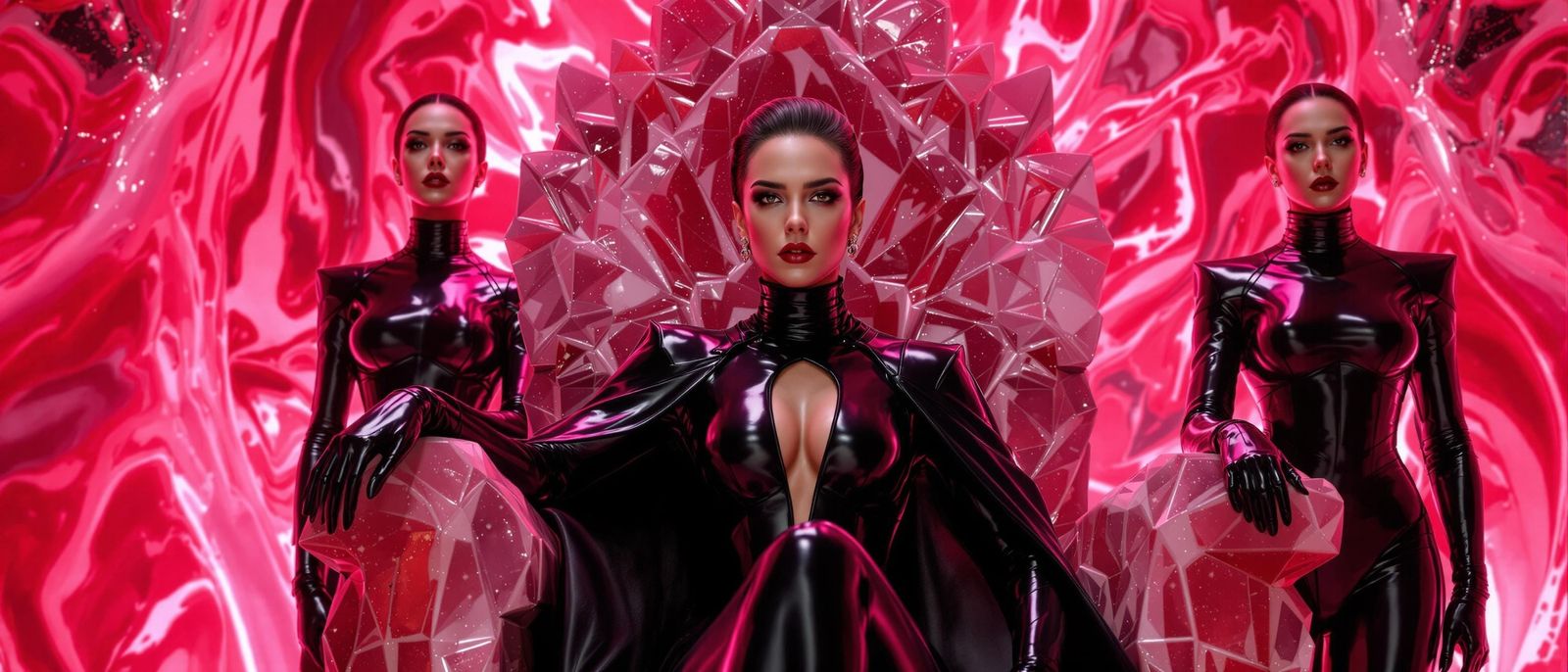 Latex Queen on Rhodonite Throne in Futuristic Style