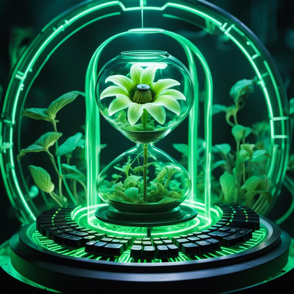 Hourglass Keyboard in a Neon Sci-Fi Dreamscape