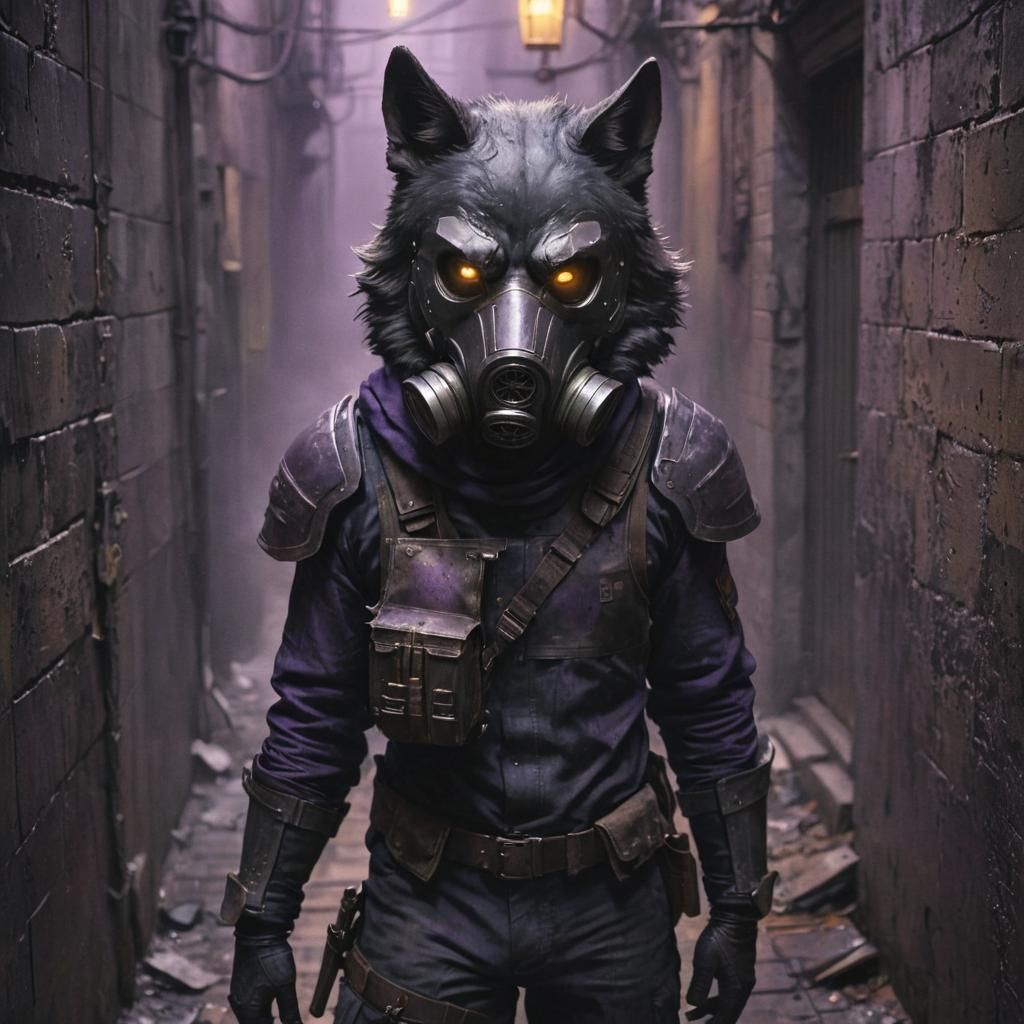 Wolf Brigade Warrior in Dimly Lit Alleyway, Oil Painting Sty...