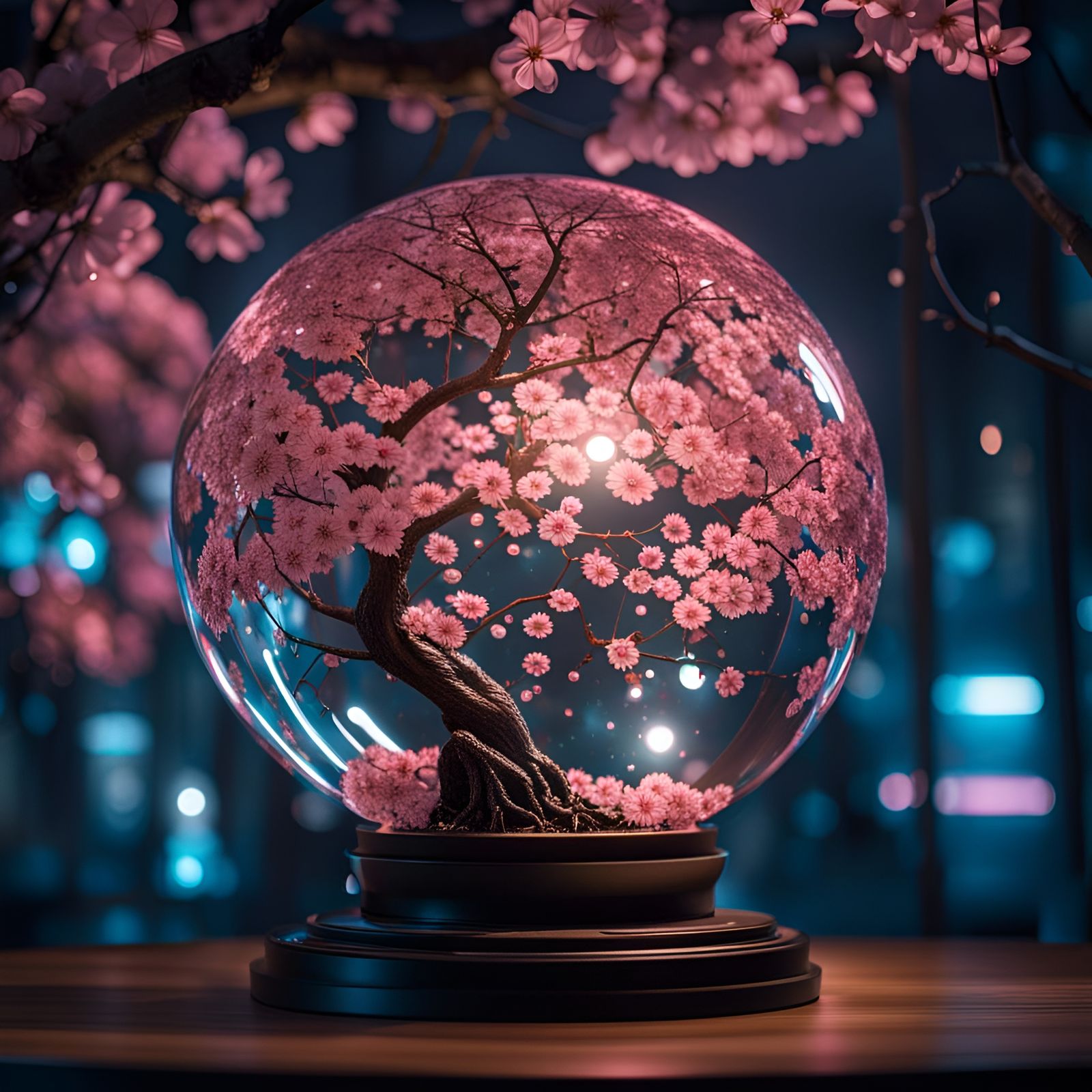 Cyberpunk Cherry Blossom Tree in Glass Orb