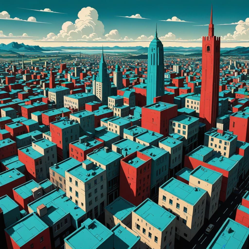 Bauhaus Cityscape in Cubist Neo-Cubism Style
