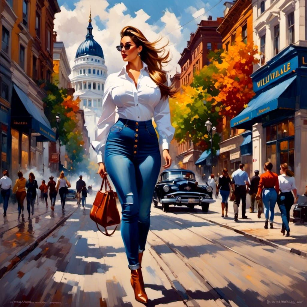 Elegant Businesswoman in City Streets with Glamorous Oil-Gua...