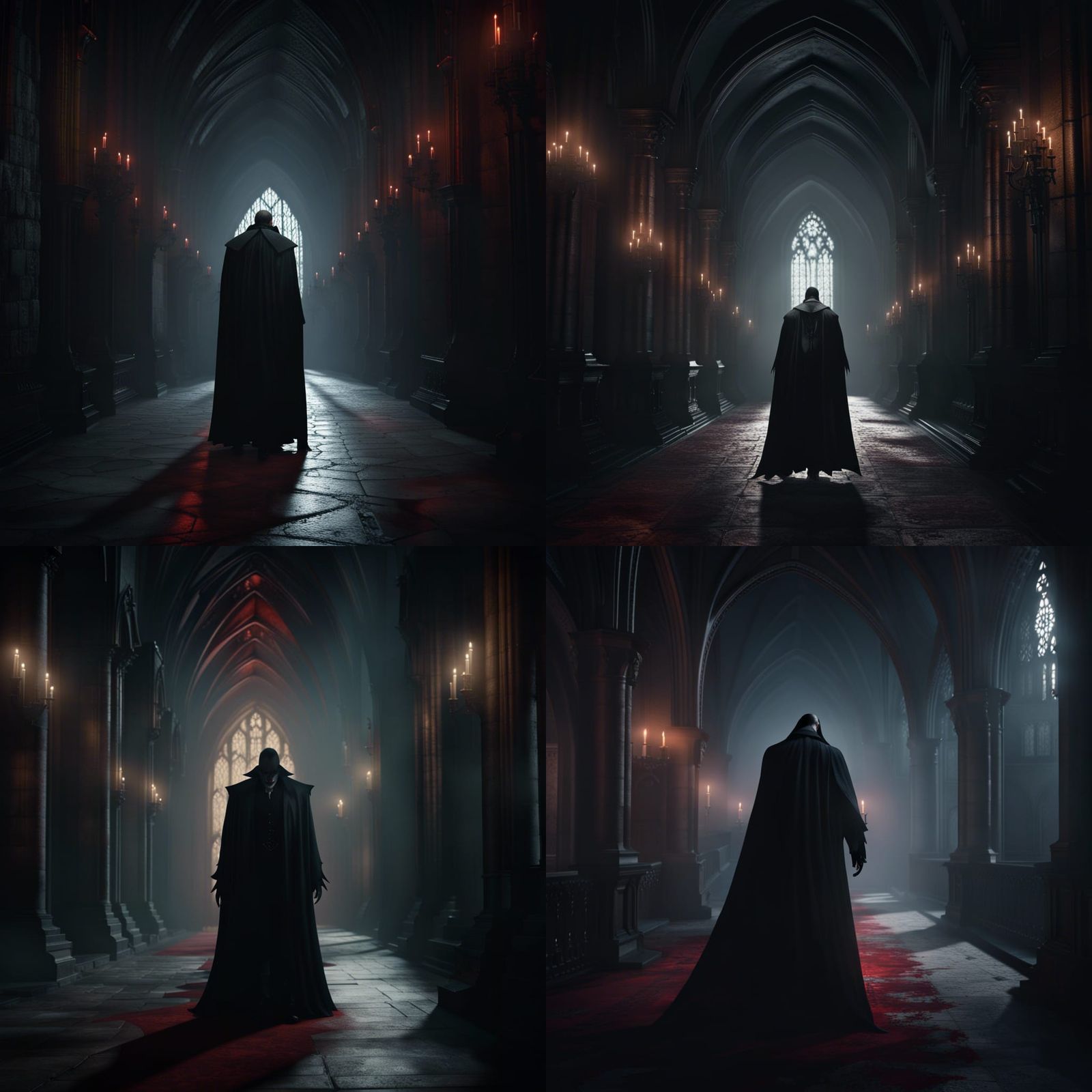 Dracula walking through the halls, Gothic cathedral, full body, horror, dark fantasy, haze background, small demonic cr...