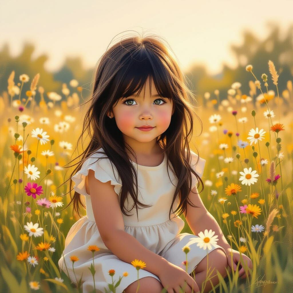 Young Girl in Sunlit Meadow, Impressionistic Oil Painting