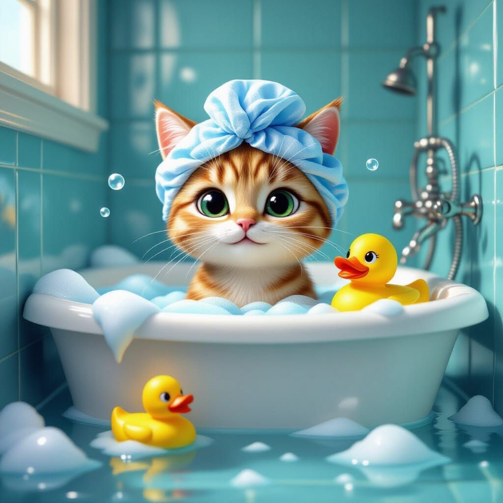 Cartoon Cat Enjoys Bubble Bath with Rubber Duck
