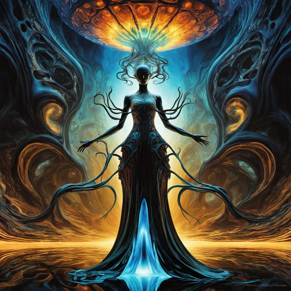 Ethereal Ferrofluid Goddess in Fauvist Tesseract