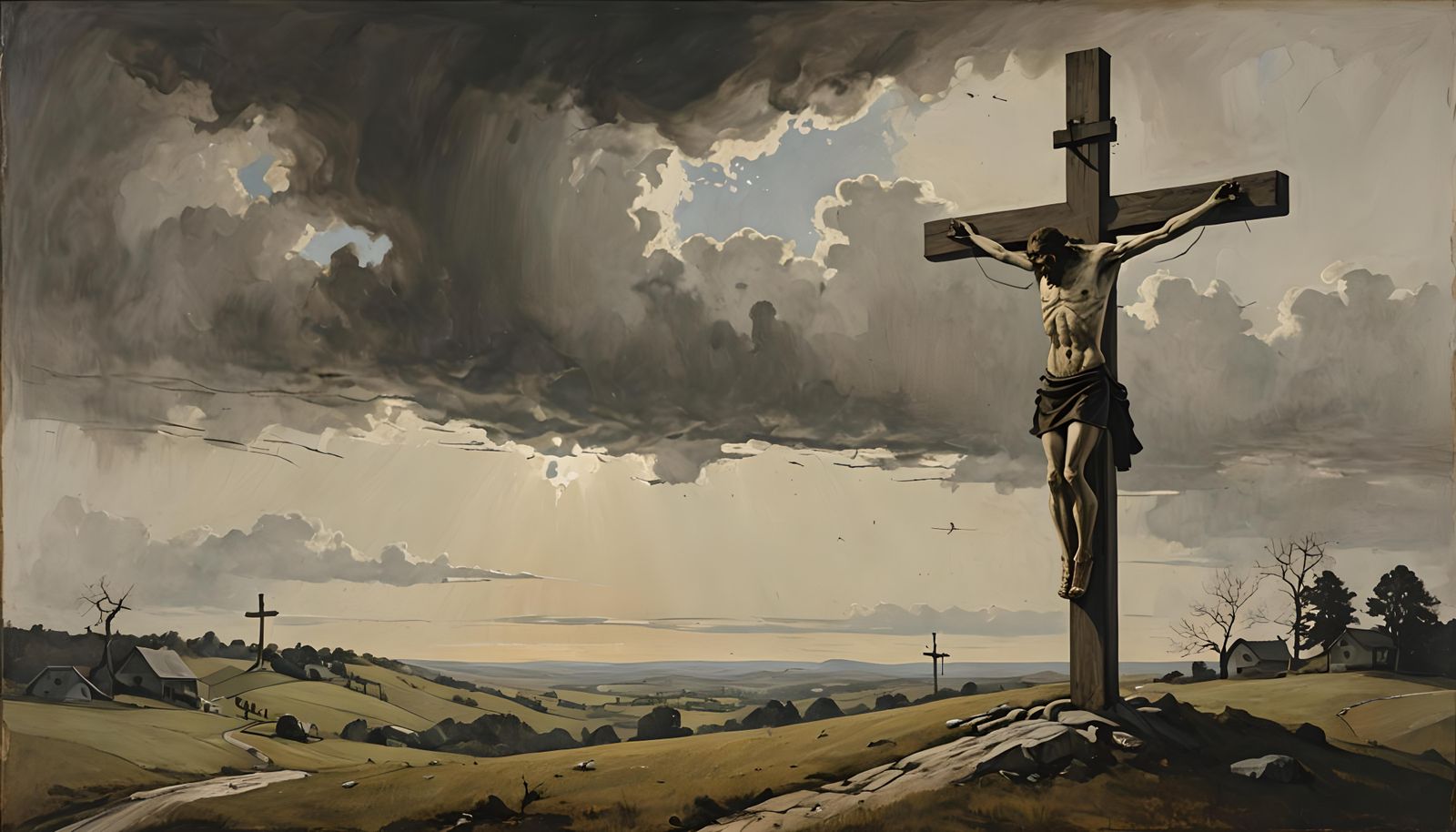Crucifixion Scene in Rural Realism Style