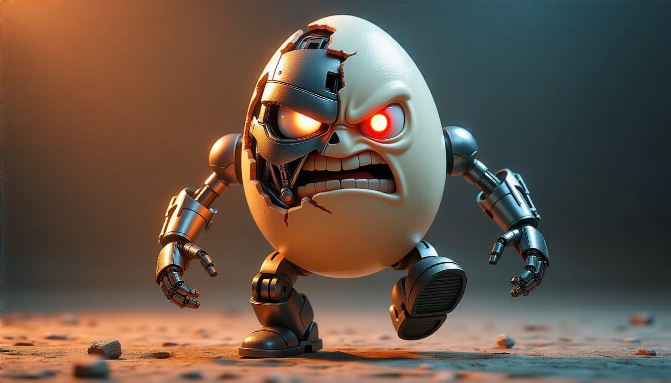 Cyborg Humpty Dumpty Robot Mid-Fall