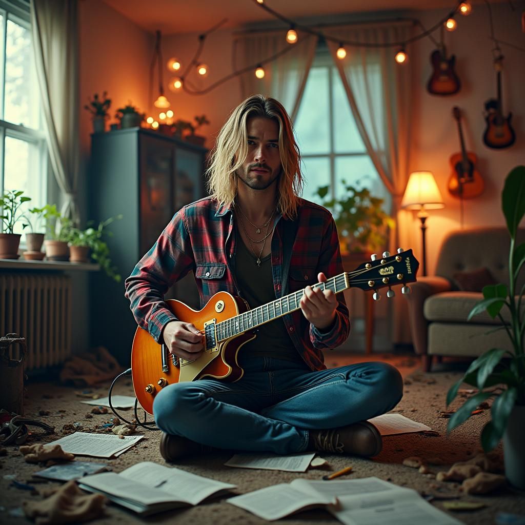 Musician in Dreamlike Apartment, Matte Painting Style