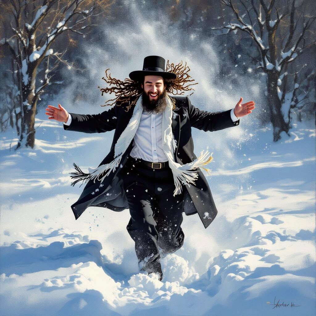 Hassidic Man Dancing in Deep Snow