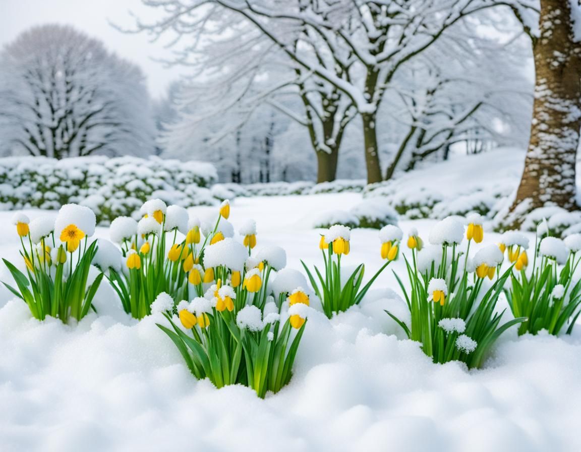 Spring Flowers Bloom in Winter Snow